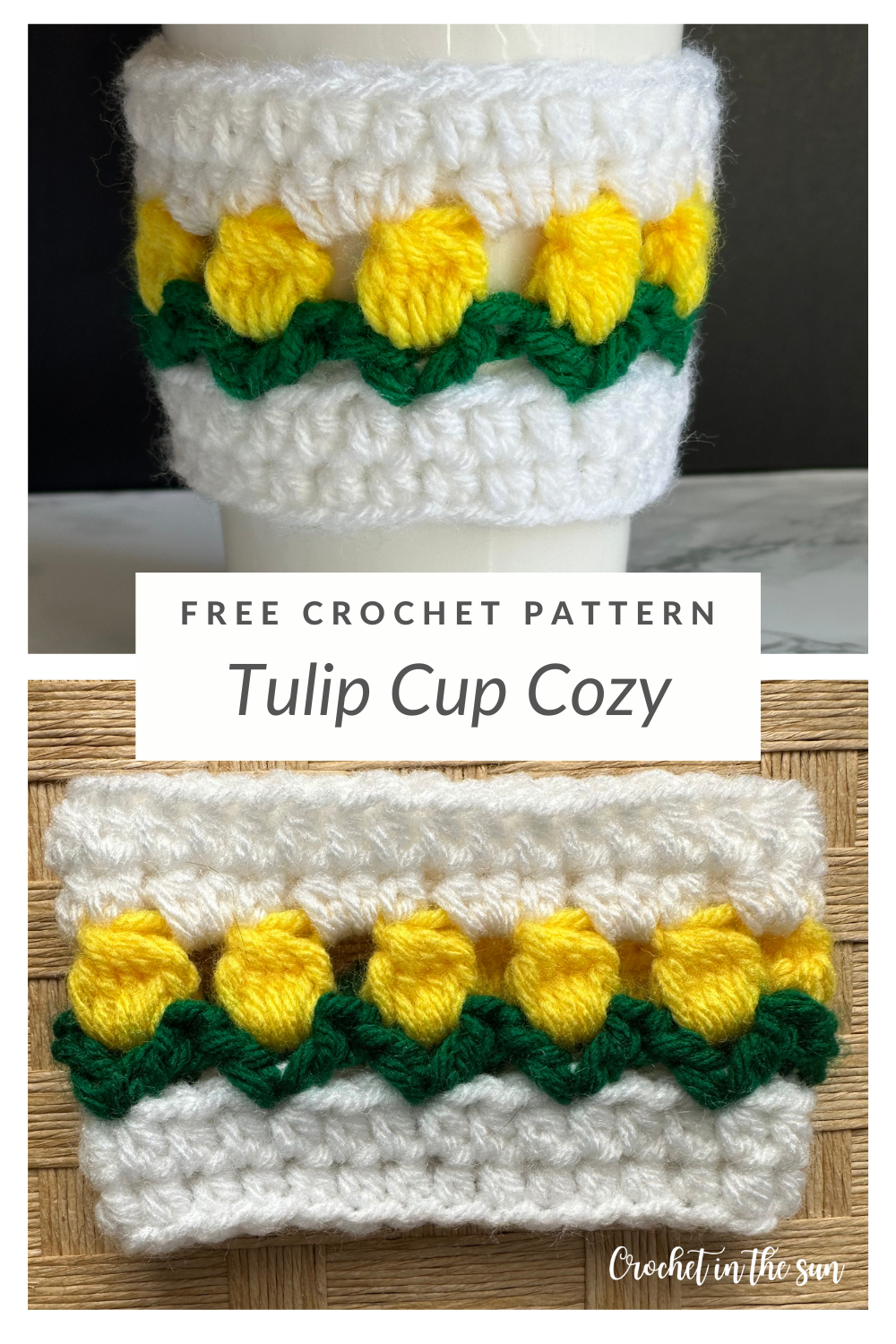 Free crochet pattern - Tulip Cup Cozy. See the blog for the FREE pattern and photo tutorial. This is a beginner-friendly 30 minute crochet project. #crochet #crochettutorial #crochetinthesun