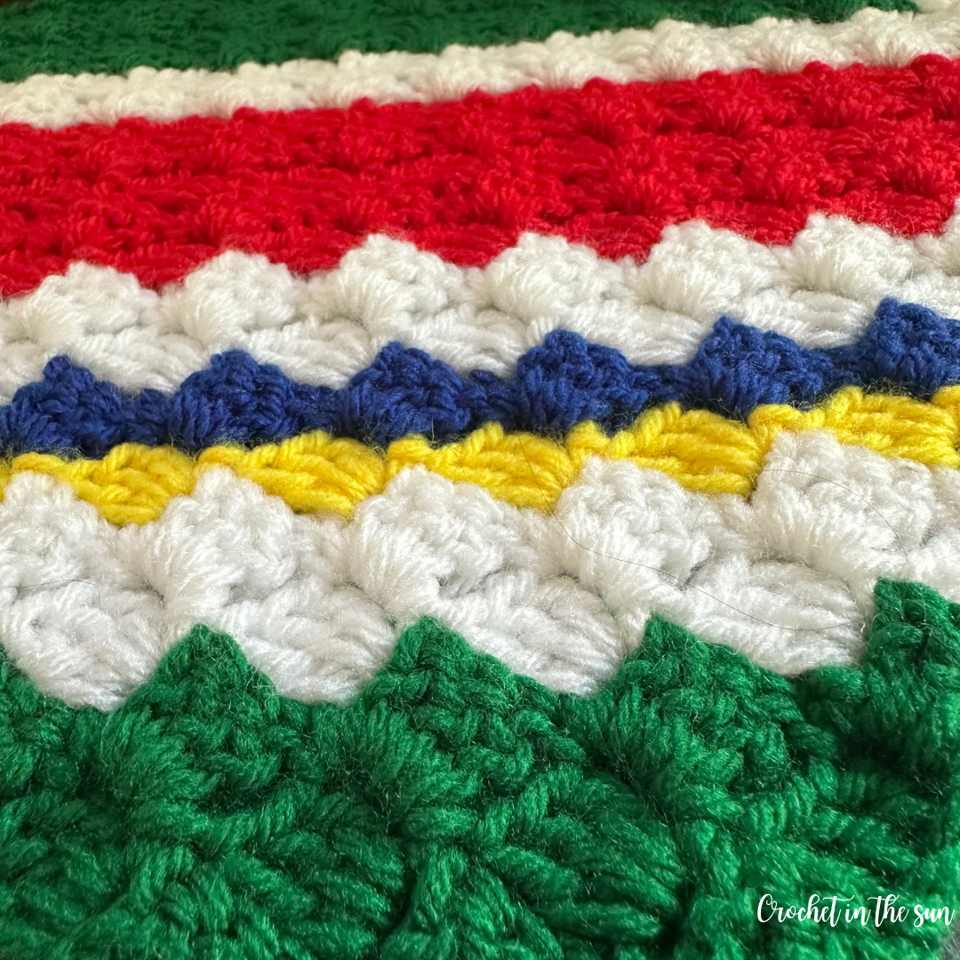 C2C crochet stitch tutorial detail — Portugal team colors corner to corner technique for beginner crochet blankets