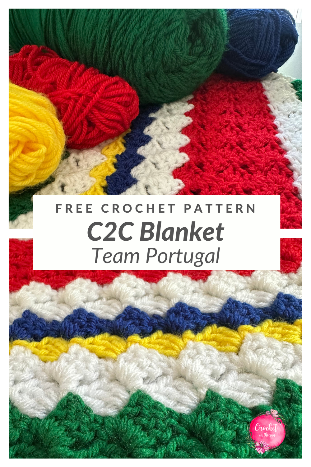 Portugal World Cup 2026 C2C Crochet Blanket — corner to corner spirit blanket pattern in red, green, blue, and yellow colorway